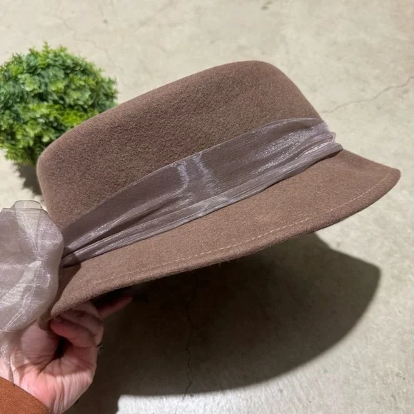 Vtg 100% Wool Hat‎ Brown Sheer Bow Equestrian Mary Poppins Fall Old Fashioned - Picture 4 of 6